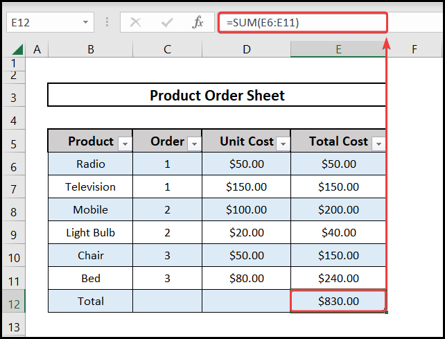 Using the sum function to insert a total row in excel