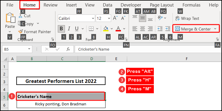 Cells merging and centering using keyboard shortcut.