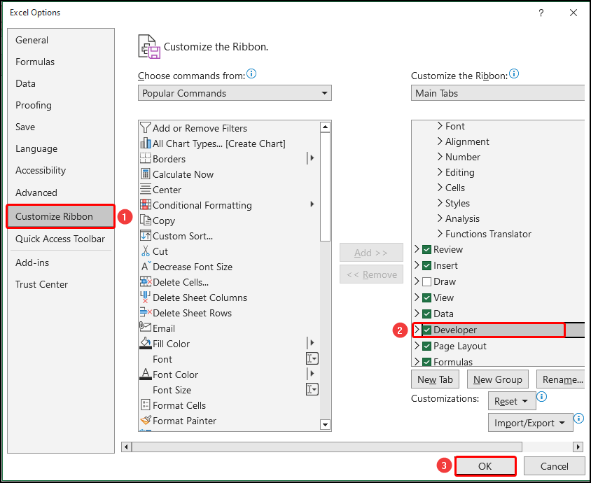 Excel options box to get the Developer menu in the Top Ribbon.