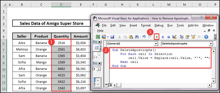 Inserting VBA code to remove the apostrophe from numbers in Excel. 