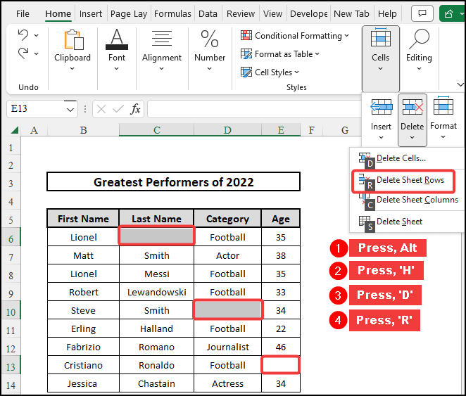 Using the keyboard shortcut to delete a row if any cell is blank in Excel