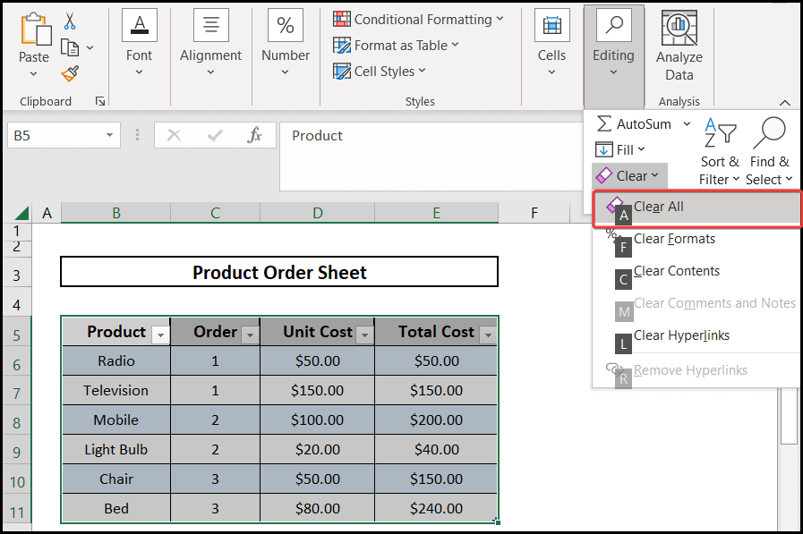 Selecting the clear all tool to remove a table from excel