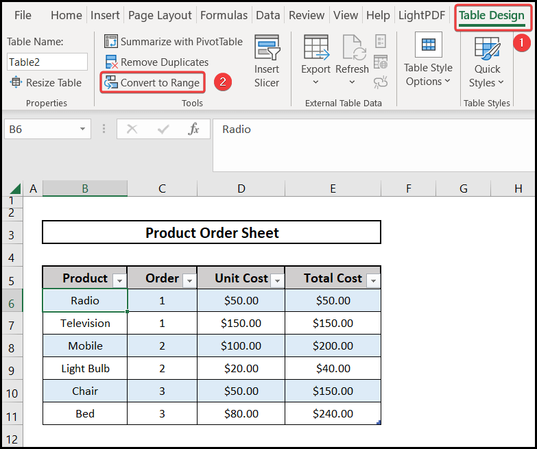 converting data to the range to remove the table from excel