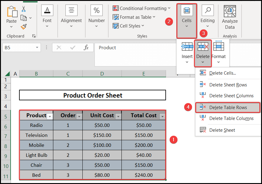 Using the delete option to remove a table from excel