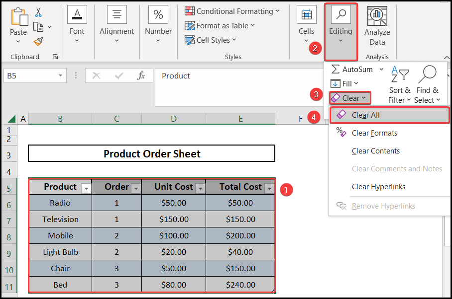 applying the clear tool to remove a table from excel