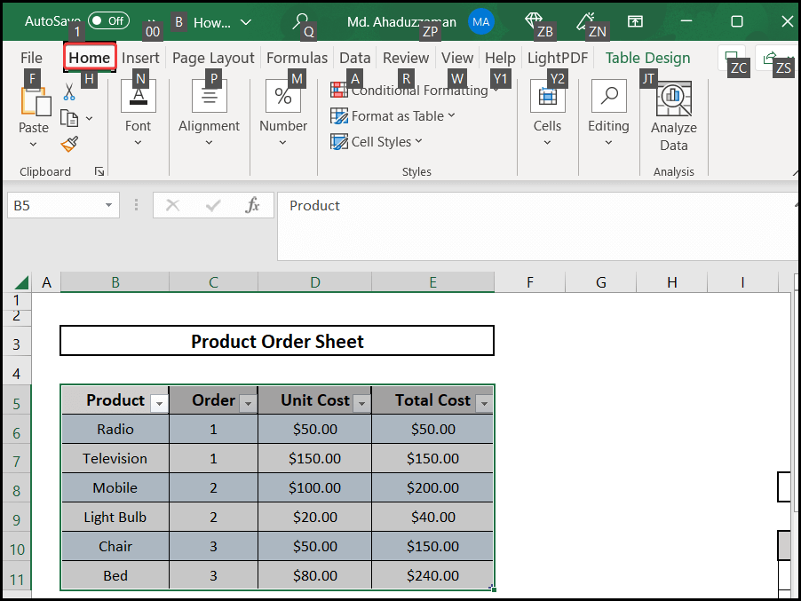 Using the keyboard shortcuts to remove a table from excel