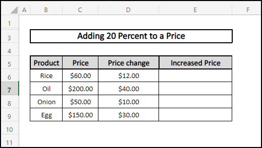 Sample dataset to Add 20 Percent to Price in Excel