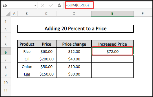 Used Formula to Add 20 Percent to Price in Excel