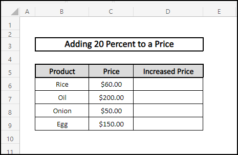 Sample dataset to Add 20 Percent to Price in Excel