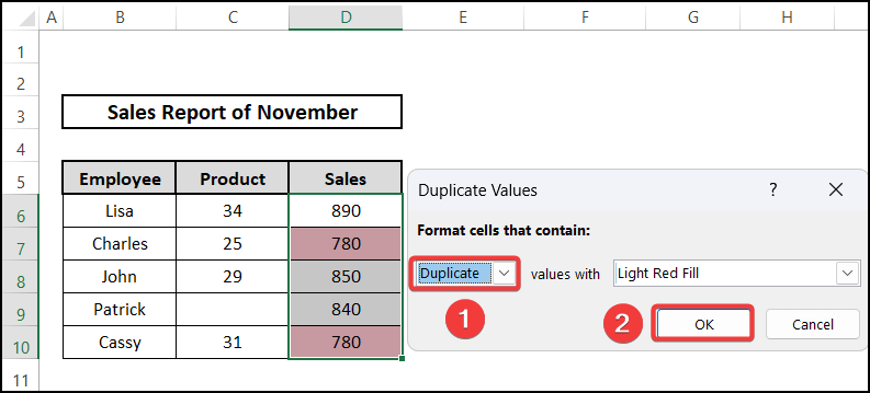 Highlighting the duplicates in excel based on value