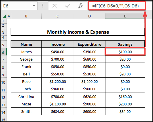 Applying the IF function to execute if zero leave blank Excel formula