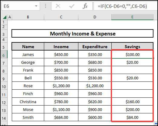 Result of using the IF function to execute if zero leave blank Excel formula