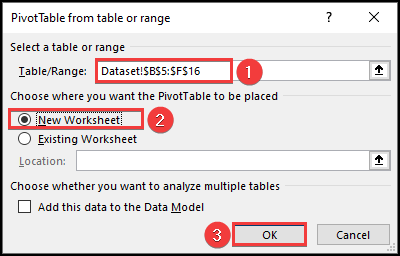 PivotTable from Table or Range box.