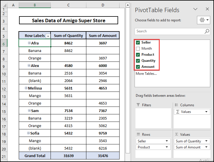 Pivot table including Seller, Product, Quantity, and Amount to show zero values in Excel.
