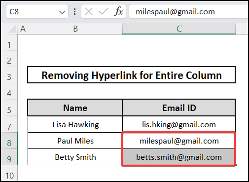 Applying Format Painter option to remove hyperlink for entire column in Excel