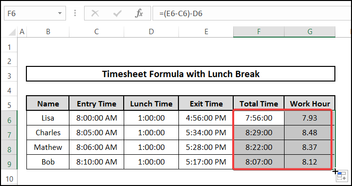making timesheet formula excluding fixed lunch break in Excel