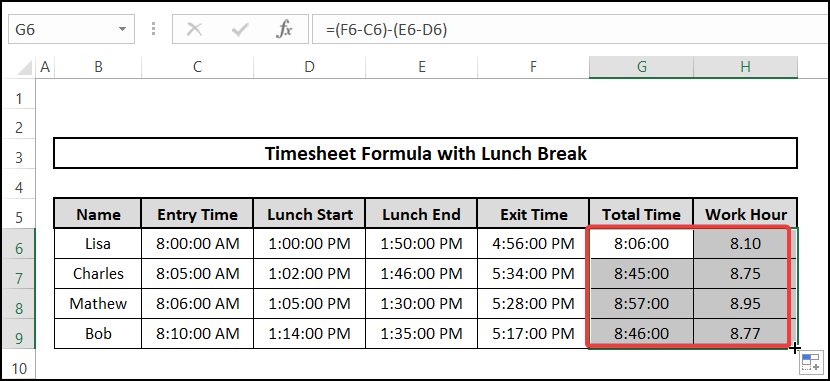 Timesheet formula generation for inequal lunch break