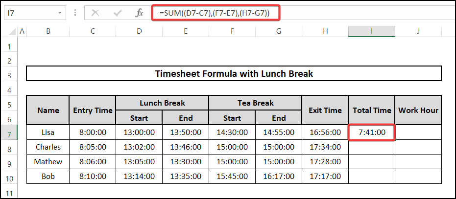 Utilizing SUM function to get timesheet formula with lunch break
