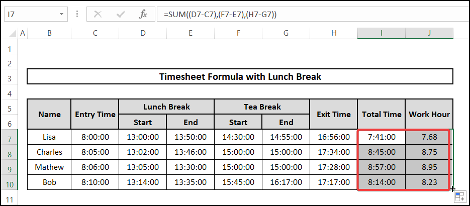 Utilizing SUM function to get add breaks along with lunch break for timesheet formula