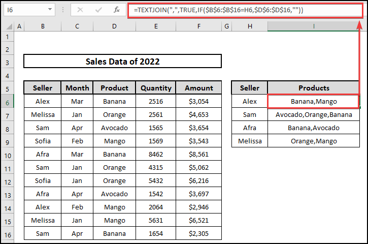 Use of TEXTJOIN function to gater data from multiple columns.