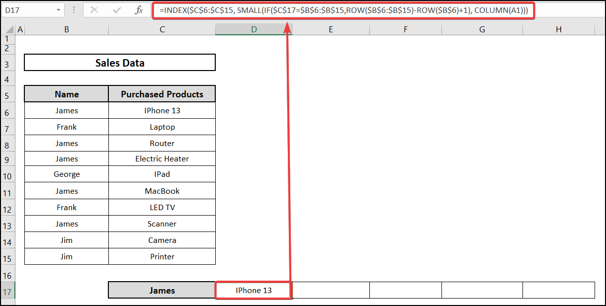 using SMALL, IF functions to vlookup return multiple values horizontally in Excel