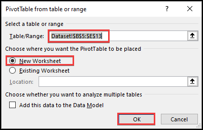 "PivotTable from table or range" box to place into another worksheet to measure the weighted average.