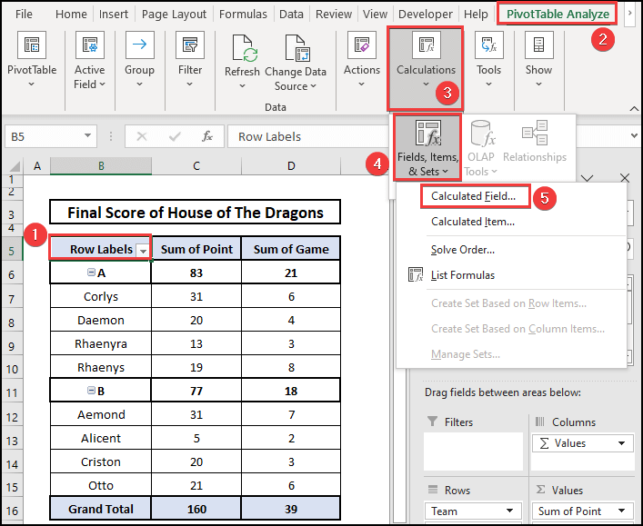 Navigation of the PivotTable Analyzer menu to create a new formula to calculate weighted averages in Excel.