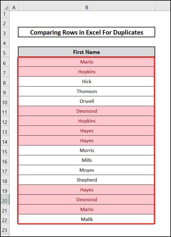 Comparing Rows for Duplicates Using Conditional Formatting