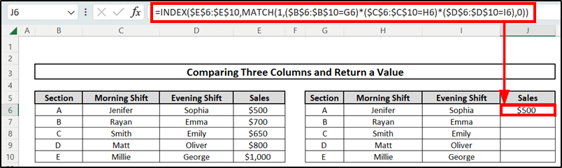 Using INDEX and MATCH function to Compare Three Columns in Excel and Return a Value