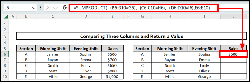 Using SUMPRODUCT function to Compare Three Columns in Excel and Return a Value