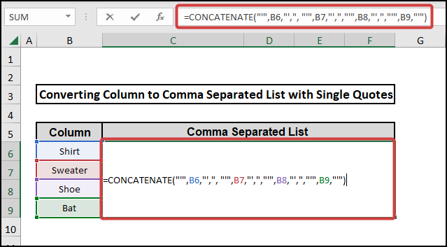 convert column to comma separated list with single quotes using concatenate function