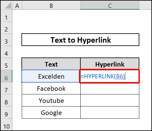 HYPERLINK function to convert text to hyperlink in excel