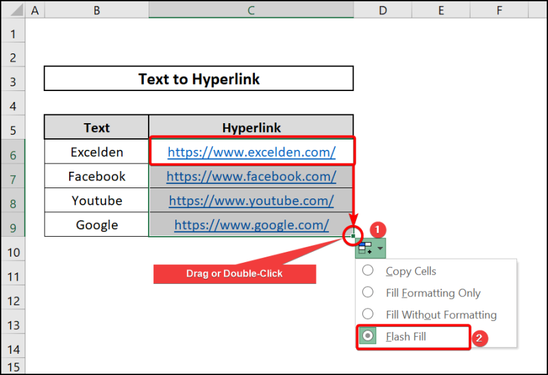 Using ribbon to convert text to hyperlink in excel