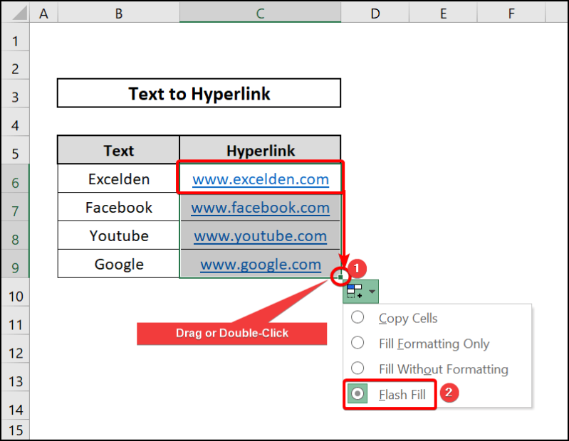 In the same worksheet convert text to hyperlink in excel