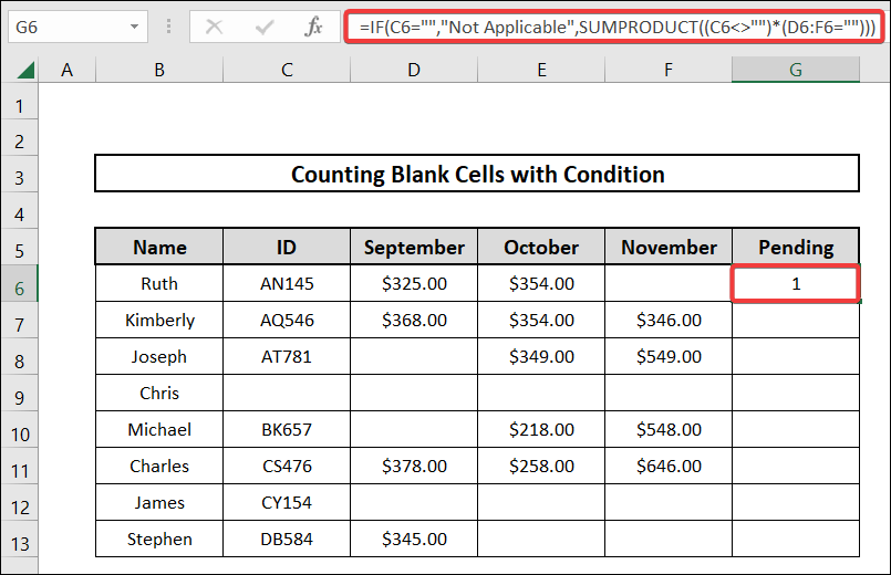 count blank cells with condition in excel utilizing if and sumproduct functions