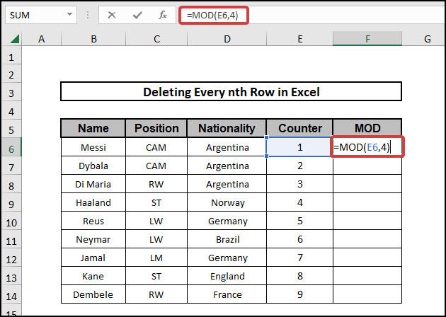 delete every nth row in excel MOD function