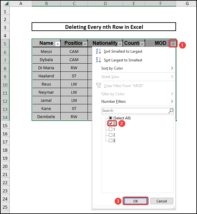 delete every nth row in excel filtering out data