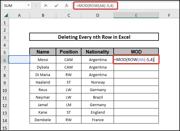 delete every nth row in excel using MOD and ROW function