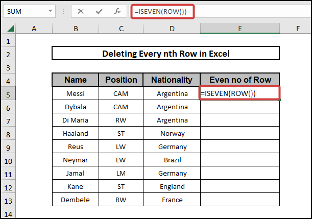 delete every nth row in excel using ISEVEN and ROW functions