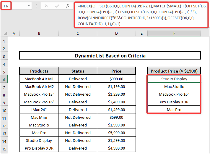 how to create dynamic list based on single criteria using index, offset and match functions in excel
