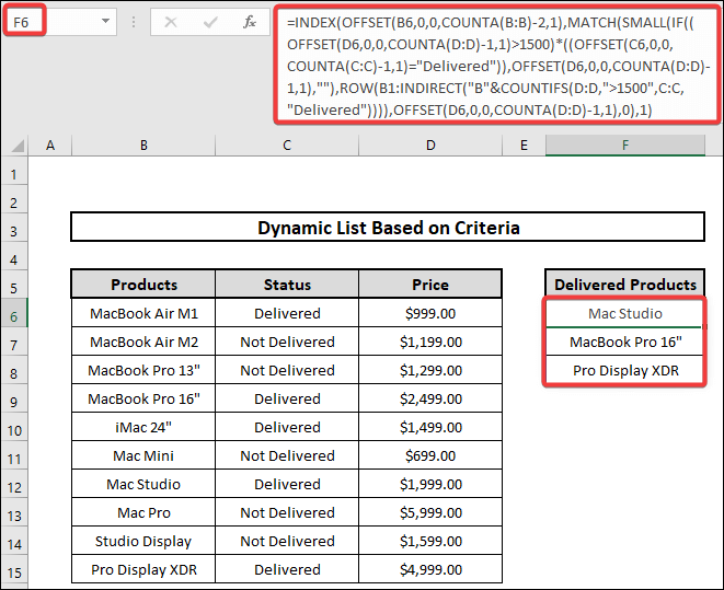 how to create dynamic list based on multiple criteria using index, offset and match functions in excel