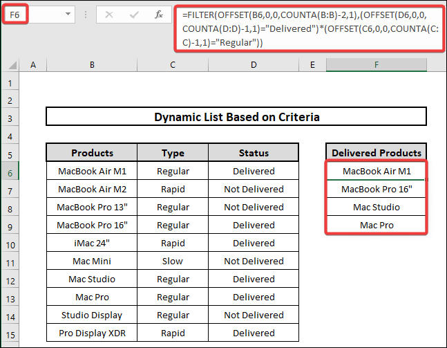 how to create dynamic list based on multiple criteria using filter, offset and counta functions in excel