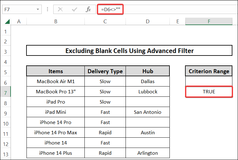 applying advanced filter to exclude blank cells from column of a list in excel