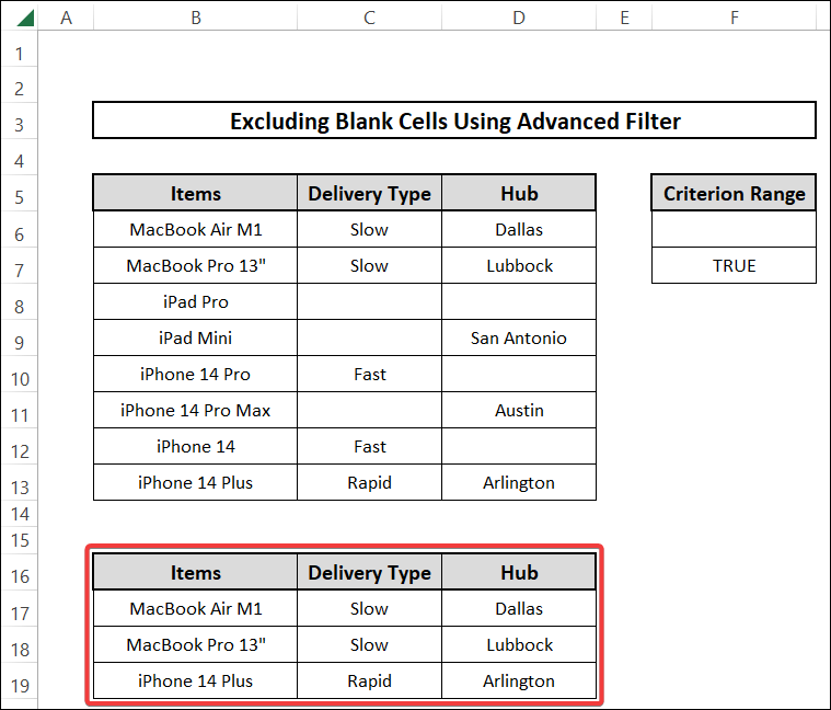 implementing advanced filter to exclude blank cells from multiple columns of a list in excel