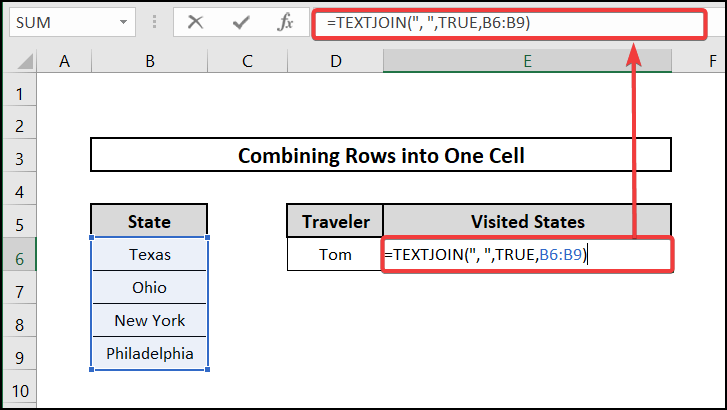 excel combine rows into one cell with TEXTJOIN fynction