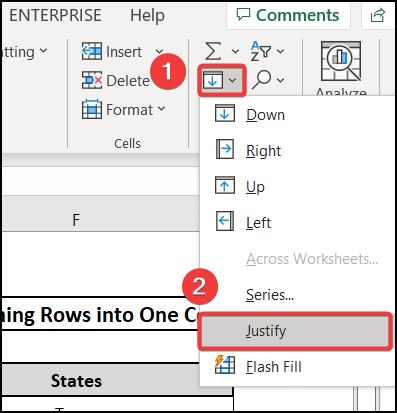 excel combine rows into one cell with JUSTIFY