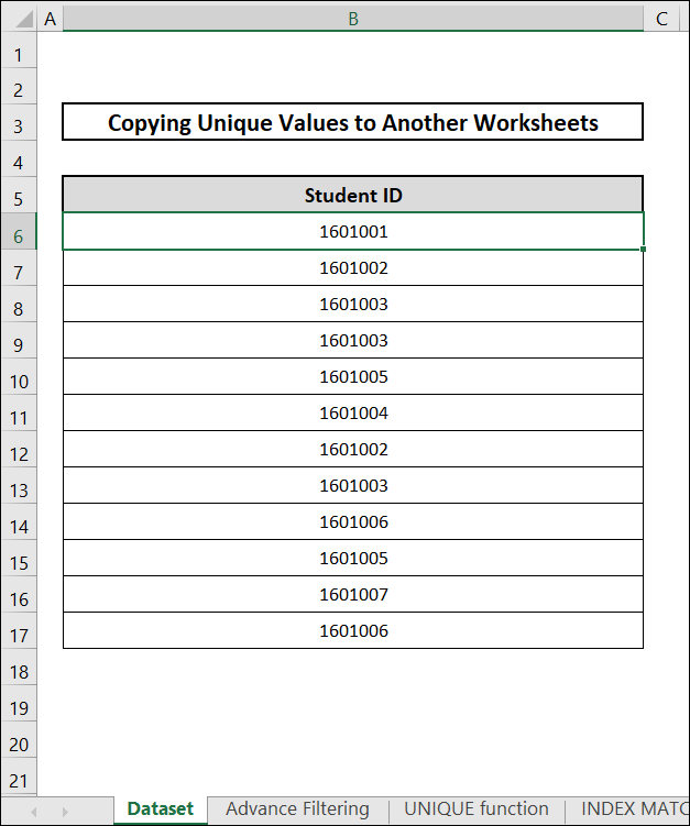 Dataset of excel copy unique values to another worksheet