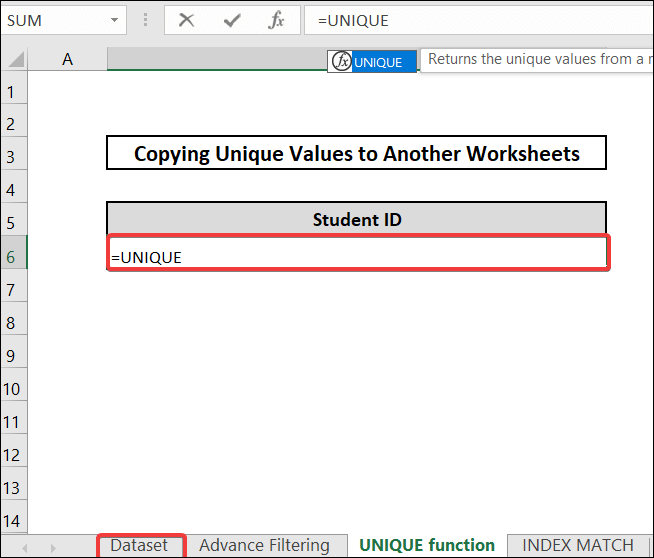 Using UNIQUE function to excel copy unique files to another worksheet