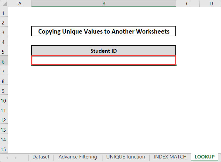 Using LOOKUP function to excel copy unique values to another worksheet. 