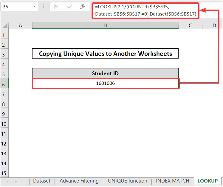 Utilizing LOOKUP function to excel copy unique values to another worksheet.